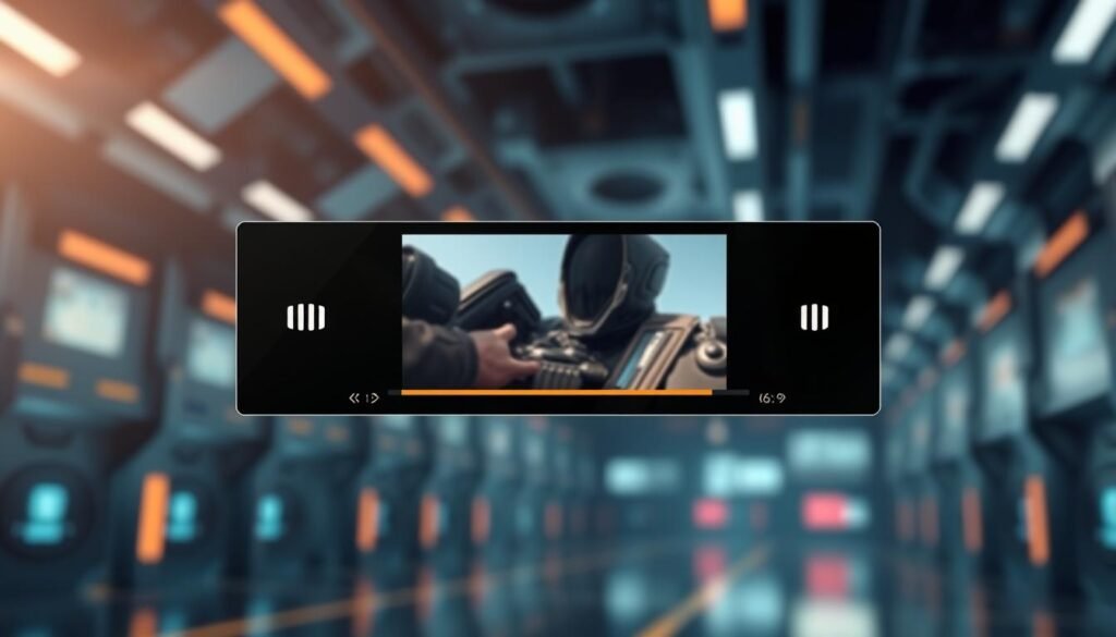 A cinematic video player interface against a blurred background of a high-tech, futuristic setting. The video player has a sleek, minimalist design with a large 16:9 display panel showcasing high-quality video footage. The UI features intuitive controls, such as play/pause, scrub bar, and volume sliders, all rendered in a clean, modern style. Soft, directional lighting from the side casts dramatic shadows, enhancing the sense of depth and sophistication. The overall atmosphere evokes a professional, immersive media consumption experience suitable for intense gaming, 8K video editing, and data-intensive workloads. A cinematic video player interface against a blurred background of a high-tech, futuristic setting. The video player has a sleek, minimalist design with a large 16:9 display panel showcasing high-quality video footage. The UI features intuitive controls, such as play/pause, scrub bar, and volume sliders, all rendered in a clean, modern style. Soft, directional lighting from the side casts dramatic shadows, enhancing the sense of depth and sophistication. The overall atmosphere evokes a professional, immersive media consumption experience suitable for intense gaming, 8K video editing, and data-intensive workloads.
