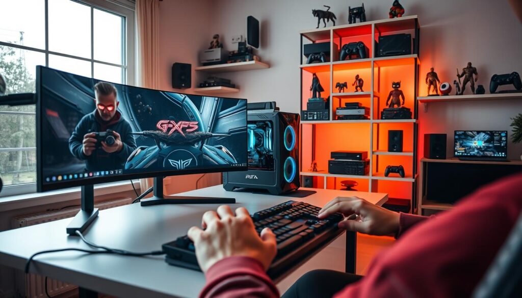 A cozy gaming setup in a well-lit studio. A state-of-the-art gaming PC on a sleek, minimalist desk, surrounded by high-end peripherals - a curved ultrawide monitor, a mechanical keyboard, and a precise gaming mouse. Ambient lighting creates a warm, immersive atmosphere, while large windows let in natural daylight. In the foreground, a player's hands are visible, engrossed in an intense gaming session, the glow of the screen reflected in their eyes. The background features neatly organized shelves displaying gaming consoles, figurines, and other geeky memorabilia, creating a sense of a dedicated, passion-driven space. A cozy gaming setup in a well-lit studio. A state-of-the-art gaming PC on a sleek, minimalist desk, surrounded by high-end peripherals - a curved ultrawide monitor, a mechanical keyboard, and a precise gaming mouse. Ambient lighting creates a warm, immersive atmosphere, while large windows let in natural daylight. In the foreground, a player's hands are visible, engrossed in an intense gaming session, the glow of the screen reflected in their eyes. The background features neatly organized shelves displaying gaming consoles, figurines, and other geeky memorabilia, creating a sense of a dedicated, passion-driven space.