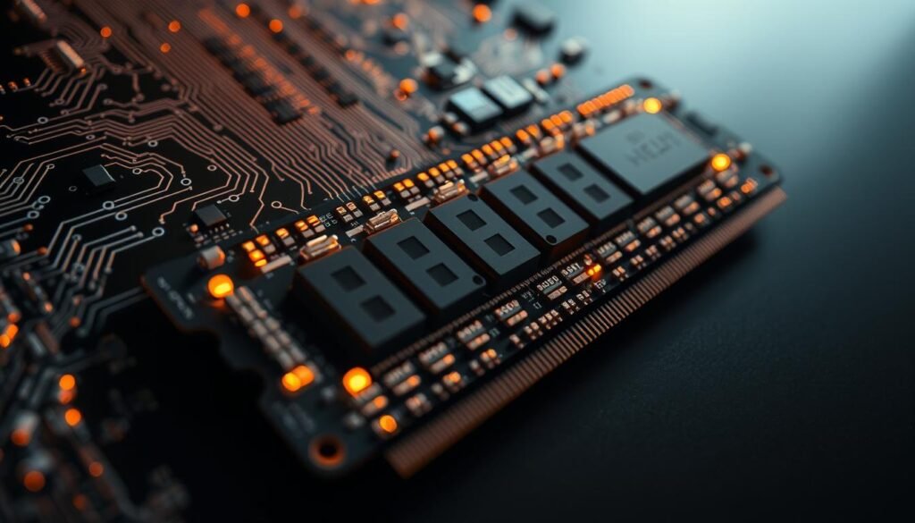 A detailed close-up of a RAM chip, its circuits and components meticulously rendered in hyper-realistic detail. The RAM chip appears to be multitasking, its electronic pathways lit up and buzzing with activity, as if juggling multiple processes simultaneously. Dramatic high-contrast lighting from the side casts dramatic shadows, highlighting the intricate architecture. The camera angle is tilted slightly upward, lending a sense of power and importance to the subject. The overall mood is one of technological sophistication and the incredible capabilities of modern RAM technology. A detailed close-up of a RAM chip, its circuits and components meticulously rendered in hyper-realistic detail. The RAM chip appears to be multitasking, its electronic pathways lit up and buzzing with activity, as if juggling multiple processes simultaneously. Dramatic high-contrast lighting from the side casts dramatic shadows, highlighting the intricate architecture. The camera angle is tilted slightly upward, lending a sense of power and importance to the subject. The overall mood is one of technological sophistication and the incredible capabilities of modern RAM technology.