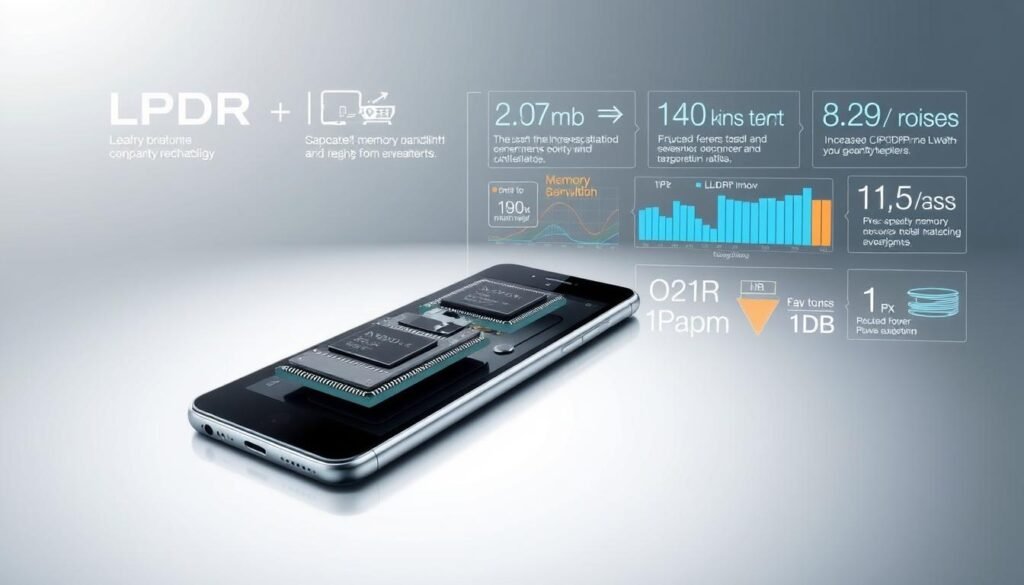 A detailed technical illustration showcasing the key features and capabilities of the LPDDR memory technology. Presented against a clean, minimalist backdrop, the image depicts a sleek, modern smartphone in the foreground, its internals exposed to reveal the LPDDR components. The LPDDR modules are rendered with precision, highlighting their advanced architecture and power-efficient design. In the background, a series of dynamic visualizations and data charts convey the performance advantages of LPDDR, such as increased memory bandwidth, reduced power consumption, and enhanced multitasking support. The overall composition strikes a balance between technical sophistication and visual appeal, making it an ideal complement to the article's exploration of high-capacity smartphone RAM. A detailed technical illustration showcasing the key features and capabilities of the LPDDR memory technology. Presented against a clean, minimalist backdrop, the image depicts a sleek, modern smartphone in the foreground, its internals exposed to reveal the LPDDR components. The LPDDR modules are rendered with precision, highlighting their advanced architecture and power-efficient design. In the background, a series of dynamic visualizations and data charts convey the performance advantages of LPDDR, such as increased memory bandwidth, reduced power consumption, and enhanced multitasking support. The overall composition strikes a balance between technical sophistication and visual appeal, making it an ideal complement to the article's exploration of high-capacity smartphone RAM.