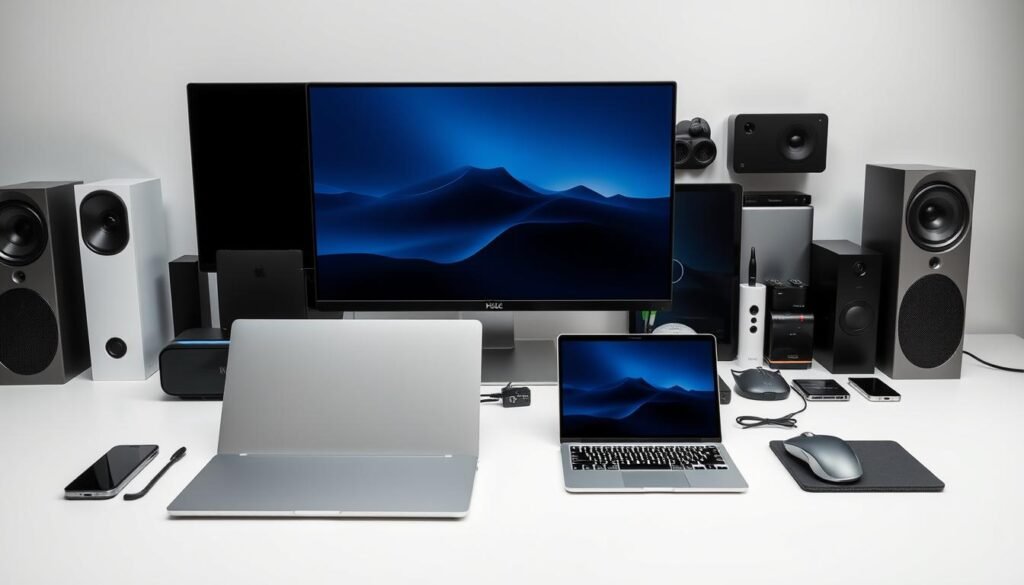 A diverse array of modern digital devices, meticulously arranged on a minimalist white backdrop, illuminated by soft, natural lighting. In the foreground, a sleek, silver laptop and a state-of-the-art smartphone, their seamless designs hinting at advanced capabilities. Surrounding them, an array of peripheral devices, including a high-resolution monitor, a wireless mouse and keyboard, and a powerful external hard drive, all poised to work in harmony. The middle ground features a selection of cutting-edge gadgets, such as a virtual reality headset, a tablet, and a wireless charger, showcasing the latest technological innovations. The background subtly suggests a well-equipped, tech-savvy workspace, where productivity and connectivity converge. A diverse array of modern digital devices, meticulously arranged on a minimalist white backdrop, illuminated by soft, natural lighting. In the foreground, a sleek, silver laptop and a state-of-the-art smartphone, their seamless designs hinting at advanced capabilities. Surrounding them, an array of peripheral devices, including a high-resolution monitor, a wireless mouse and keyboard, and a powerful external hard drive, all poised to work in harmony. The middle ground features a selection of cutting-edge gadgets, such as a virtual reality headset, a tablet, and a wireless charger, showcasing the latest technological innovations. The background subtly suggests a well-equipped, tech-savvy workspace, where productivity and connectivity converge.