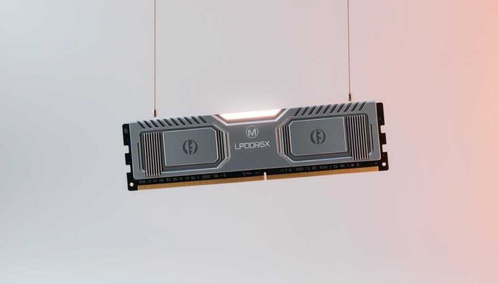 A high-performance RAM module, featuring a sleek and modern silver-grey design with precision-engineered heatsinks. The RAM sticks are backlit with a soft, ambient glow, creating a visually stunning effect. The module is suspended in a minimalist, well-lit studio setting, showcasing its technical prowess and the advanced LPDDR6X technology that powers it. The lighting accentuates the clean lines and subtle textures of the RAM, highlighting its advanced capabilities for seamless multitasking and high-speed data processing. A high-performance RAM module, featuring a sleek and modern silver-grey design with precision-engineered heatsinks. The RAM sticks are backlit with a soft, ambient glow, creating a visually stunning effect. The module is suspended in a minimalist, well-lit studio setting, showcasing its technical prowess and the advanced LPDDR6X technology that powers it. The lighting accentuates the clean lines and subtle textures of the RAM, highlighting its advanced capabilities for seamless multitasking and high-speed data processing.