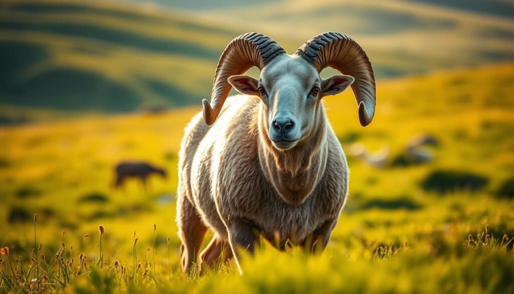 A large, powerful ram standing in a lush, green meadow, bathed in warm, golden sunlight. Its majestic horns curve gracefully, and its thick, woolly coat glistens. The ram's intense gaze is focused, and its muscular body conveys a sense of strength and vitality. The scene is captured from a low angle, emphasizing the ram's impressive stature and presence. The background features a blurred, idyllic landscape, allowing the ram to be the central focus of the image. A large, powerful ram standing in a lush, green meadow, bathed in warm, golden sunlight. Its majestic horns curve gracefully, and its thick, woolly coat glistens. The ram's intense gaze is focused, and its muscular body conveys a sense of strength and vitality. The scene is captured from a low angle, emphasizing the ram's impressive stature and presence. The background features a blurred, idyllic landscape, allowing the ram to be the central focus of the image.