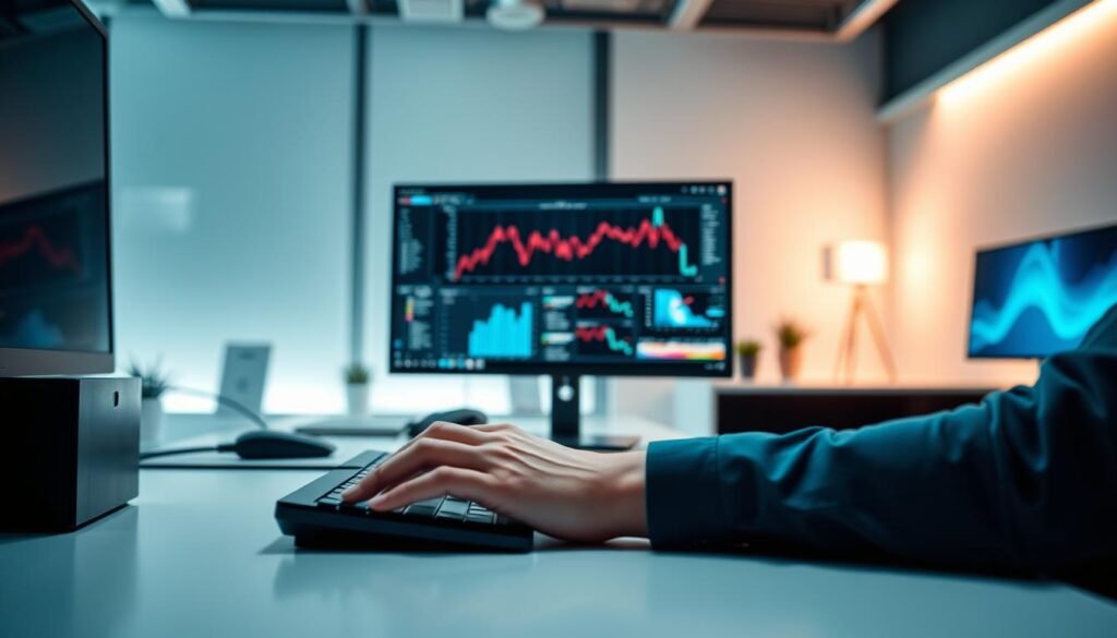 A modern, sleek office setting with a professional working at a minimalist desk. The foreground features the worker's hands typing on a high-end keyboard, while the middle ground showcases a high-resolution computer monitor displaying a complex data visualization. The background blurs into a soft, atmospheric lighting that creates a sense of focus and productivity. The overall scene conveys the need for a powerful, low-latency connection to handle the demanding bandwidth requirements of modern data-intensive tasks, hinting at the capabilities of Thunderbolt 5 technology. A modern, sleek office setting with a professional working at a minimalist desk. The foreground features the worker's hands typing on a high-end keyboard, while the middle ground showcases a high-resolution computer monitor displaying a complex data visualization. The background blurs into a soft, atmospheric lighting that creates a sense of focus and productivity. The overall scene conveys the need for a powerful, low-latency connection to handle the demanding bandwidth requirements of modern data-intensive tasks, hinting at the capabilities of Thunderbolt 5 technology.