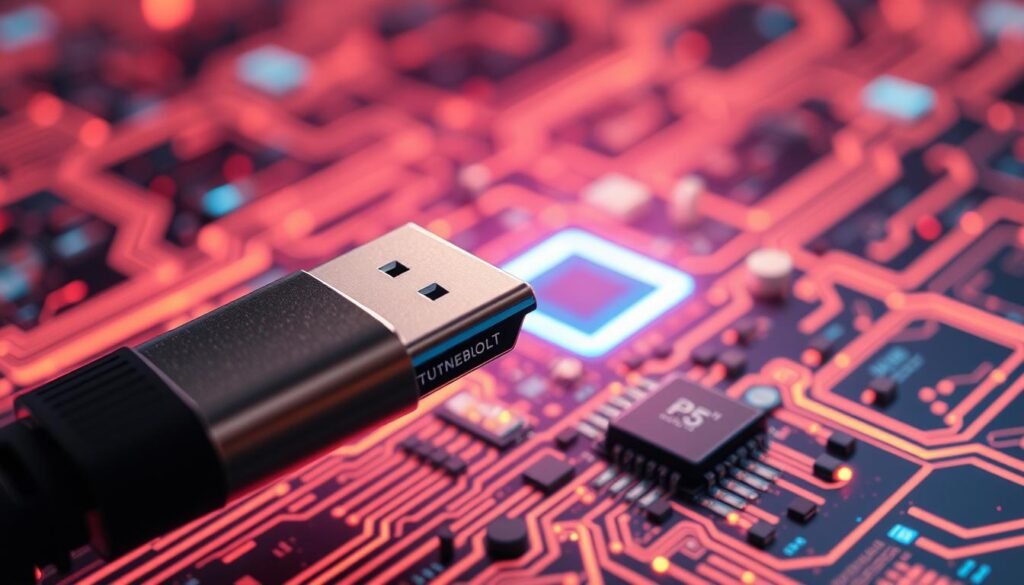 A sleek, futuristic Thunderbolt 5 connector against a backdrop of glowing digital circuitry. The connector is rendered in high detail, its metallic surface reflecting the bright, vibrant colors of the surrounding technology. The foreground is sharply focused, drawing the viewer's eye to the lightning-fast 120 Gbps bandwidth capabilities. The middle ground features a complex array of microchips, transistors, and other miniaturized components, hinting at the advanced engineering powering the latest Thunderbolt standard. The background is a luminous sea of abstract digital patterns, conveying a sense of boundless digital potential. The overall scene exudes a striking, high-tech aesthetic that underscores the revolutionary capabilities of Thunderbolt 5. A sleek, futuristic Thunderbolt 5 connector against a backdrop of glowing digital circuitry. The connector is rendered in high detail, its metallic surface reflecting the bright, vibrant colors of the surrounding technology. The foreground is sharply focused, drawing the viewer's eye to the lightning-fast 120 Gbps bandwidth capabilities. The middle ground features a complex array of microchips, transistors, and other miniaturized components, hinting at the advanced engineering powering the latest Thunderbolt standard. The background is a luminous sea of abstract digital patterns, conveying a sense of boundless digital potential. The overall scene exudes a striking, high-tech aesthetic that underscores the revolutionary capabilities of Thunderbolt 5.