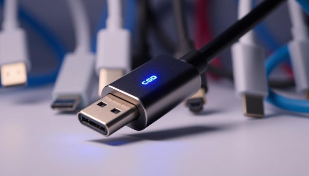 A sleek, metallic cable connector with a glowing blue LED, representing the high-speed data transfer capabilities of Thunderbolt 5. The connector is placed prominently in the foreground, against a blurred background of various USB-C cables in different colors, symbolizing the technological advancements and the potential shift in the industry. The lighting is subtle and directional, emphasizing the connector's form and highlighting its intricate details. The overall mood is one of technological sophistication and innovation, conveying the message of Thunderbolt 5's superiority over standard USB-C cables. A sleek, metallic cable connector with a glowing blue LED, representing the high-speed data transfer capabilities of Thunderbolt 5. The connector is placed prominently in the foreground, against a blurred background of various USB-C cables in different colors, symbolizing the technological advancements and the potential shift in the industry. The lighting is subtle and directional, emphasizing the connector's form and highlighting its intricate details. The overall mood is one of technological sophistication and innovation, conveying the message of Thunderbolt 5's superiority over standard USB-C cables.