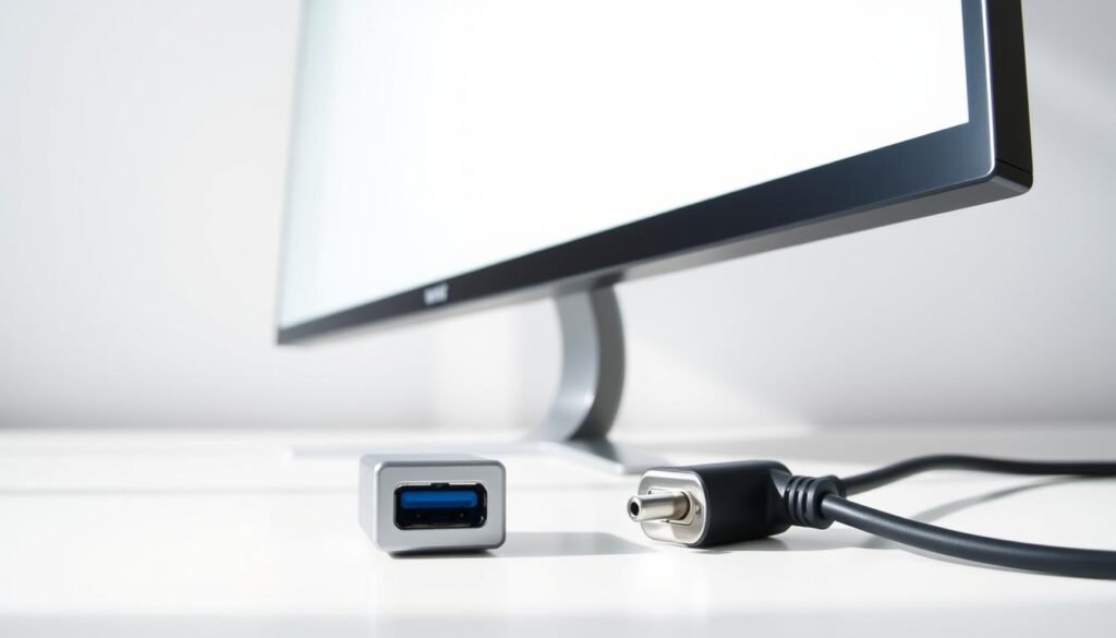 A sleek, modern display with a thin, minimalist design showcasing a crisp, high-resolution screen. The display is placed prominently on a clean, white surface, bathed in soft, directional lighting that accentuates its sharp lines and glossy finish. In the foreground, the display's Thunderbolt 5 and USB-C ports are clearly visible, highlighting their similarities and differences in both form and function. The overall scene conveys a sense of technological advancement and the evolving landscape of connectivity standards. A sleek, modern display with a thin, minimalist design showcasing a crisp, high-resolution screen. The display is placed prominently on a clean, white surface, bathed in soft, directional lighting that accentuates its sharp lines and glossy finish. In the foreground, the display's Thunderbolt 5 and USB-C ports are clearly visible, highlighting their similarities and differences in both form and function. The overall scene conveys a sense of technological advancement and the evolving landscape of connectivity standards.