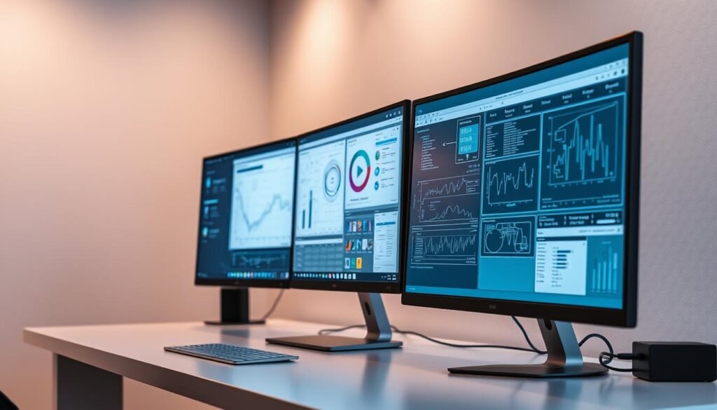 A sleek, modern workspace featuring a row of high-resolution monitors displaying complex data visualizations, technical schematics, and productive software applications. The monitors are positioned on a minimalist desk, bathed in a soft, even lighting that accentuates their sharp, angular designs. In the background, a high-end Thunderbolt 5 dock is connected, enabling seamless multi-display setups, lightning-fast data transfer, and powerful external GPU support. The overall scene conveys a sense of technological sophistication, efficiency, and the ability to maximize productivity through the latest advancements in display and connectivity technologies. A sleek, modern workspace featuring a row of high-resolution monitors displaying complex data visualizations, technical schematics, and productive software applications. The monitors are positioned on a minimalist desk, bathed in a soft, even lighting that accentuates their sharp, angular designs. In the background, a high-end Thunderbolt 5 dock is connected, enabling seamless multi-display setups, lightning-fast data transfer, and powerful external GPU support. The overall scene conveys a sense of technological sophistication, efficiency, and the ability to maximize productivity through the latest advancements in display and connectivity technologies.