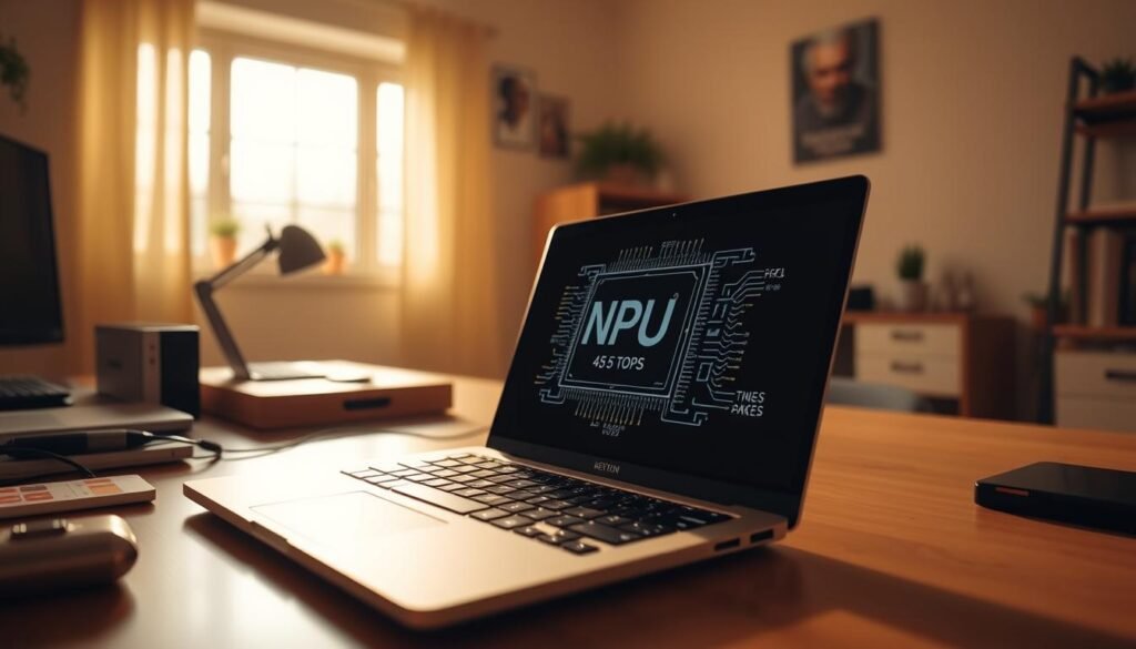 A comfortable on-device NPU workload, bathed in warm, diffused lighting and captured at a medium-wide angle. A powerful laptop with a prominent NPU chip prominently displayed, surrounded by minimal clutter and a clean, uncluttered workspace. The NPU chip's details are clearly visible, showcasing its impressive 45 TOPS performance capabilities. The overall scene conveys a sense of efficiency and productivity, with the NPU seamlessly powering through complex AI workloads without the need for an internet connection. A comfortable on-device NPU workload, bathed in warm, diffused lighting and captured at a medium-wide angle. A powerful laptop with a prominent NPU chip prominently displayed, surrounded by minimal clutter and a clean, uncluttered workspace. The NPU chip's details are clearly visible, showcasing its impressive 45 TOPS performance capabilities. The overall scene conveys a sense of efficiency and productivity, with the NPU seamlessly powering through complex AI workloads without the need for an internet connection.