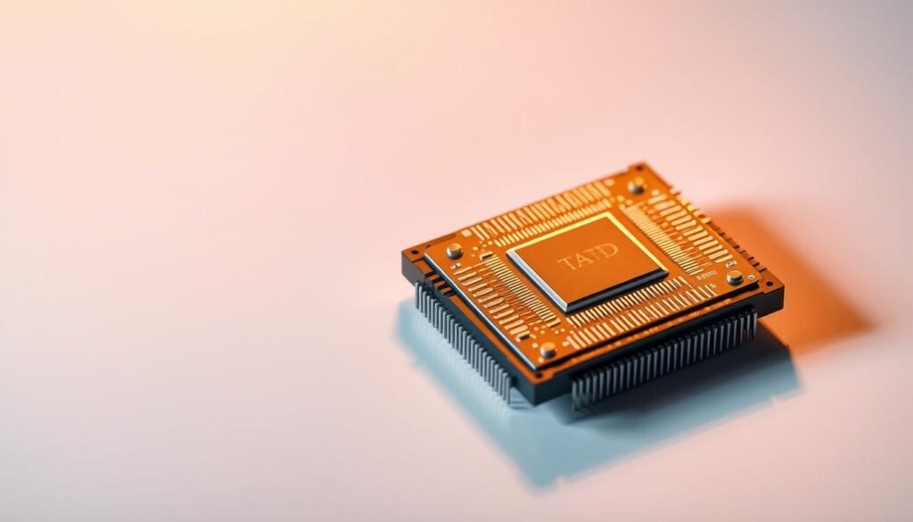 A detailed photonic chipset in a sleek, minimalist design. The chip's intricate circuitry is visible, showcasing the state-of-the-art technology at its core. The chip is set against a clean, gradient backdrop, highlighting its advanced architecture and efficient power consumption. Warm lighting from the side casts subtle shadows, accentuating the chip's complex, layered structure. The composition is balanced, with the chip occupying the central focus, surrounded by a sense of depth and space. The overall mood is one of technological innovation and progress, reflecting the cutting-edge nature of this groundbreaking photonic solution.