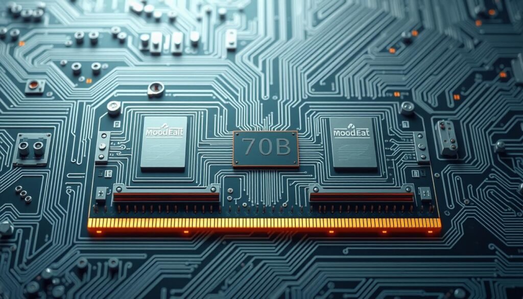 A detailed technical illustration of a complex computer memory module, the "model 70B". Showcase the intricate circuitry, clean lines, and sleek metallic components that comprise this state-of-the-art hardware. Capture the module from a slightly elevated angle, illuminated by soft, diffused lighting that accentuates its sophisticated design. Render the image with a high level of photorealism, highlighting the precision engineering and advanced capabilities of this cutting-edge memory technology. A detailed technical illustration of a complex computer memory module, the "model 70B". Showcase the intricate circuitry, clean lines, and sleek metallic components that comprise this state-of-the-art hardware. Capture the module from a slightly elevated angle, illuminated by soft, diffused lighting that accentuates its sophisticated design. Render the image with a high level of photorealism, highlighting the precision engineering and advanced capabilities of this cutting-edge memory technology.