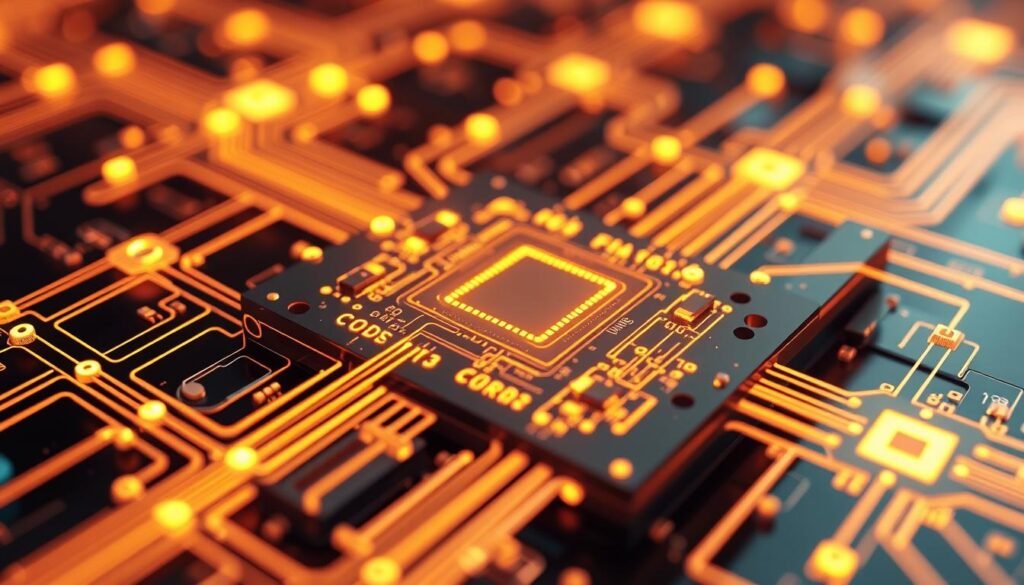 A futuristic photonic chip, its intricate circuitry etched in a prismatic lattice, bathed in a warm, ambient glow. Delicate waveguides channel light with precision, while nanoscale modulators and detectors pulsate in a symphony of data transmission. The chip's advanced architecture, inspired by the natural elegance of biological systems, stands as a testament to humanity's quest to push the boundaries of electronic limits, ushering in a new era of energy-efficient, high-bandwidth computing. Captured in crisp detail, the image conveys the intersection of scientific research and technological innovation, a glimpse into the dawn of a photonic revolution.