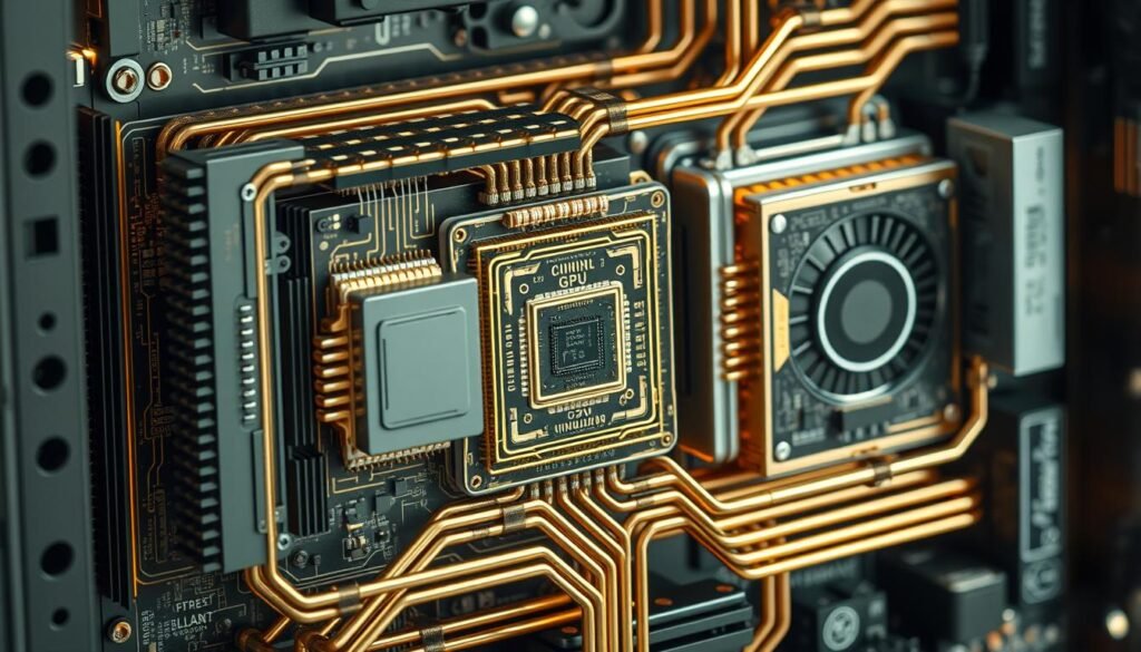 A highly detailed, cross-sectional view of a modern computer architecture showcasing the intricate interplay between the CPU, GPU, and NPU. The scene depicts these core components in vivid, technical detail, with precise schematics, circuitry, and interconnections visible. Intricate heat sinks, cooling systems, and power delivery pathways weave through the composition, creating a sense of complexity and sophisticated engineering. The image conveys a balance of technical precision and visual elegance, reflecting the advanced nature of this hybrid computing platform. Soft, directional lighting enhances the three-dimensional depth and emphasizes the unique roles and relationships between the CPU, GPU, and NPU. A highly detailed, cross-sectional view of a modern computer architecture showcasing the intricate interplay between the CPU, GPU, and NPU. The scene depicts these core components in vivid, technical detail, with precise schematics, circuitry, and interconnections visible. Intricate heat sinks, cooling systems, and power delivery pathways weave through the composition, creating a sense of complexity and sophisticated engineering. The image conveys a balance of technical precision and visual elegance, reflecting the advanced nature of this hybrid computing platform. Soft, directional lighting enhances the three-dimensional depth and emphasizes the unique roles and relationships between the CPU, GPU, and NPU.