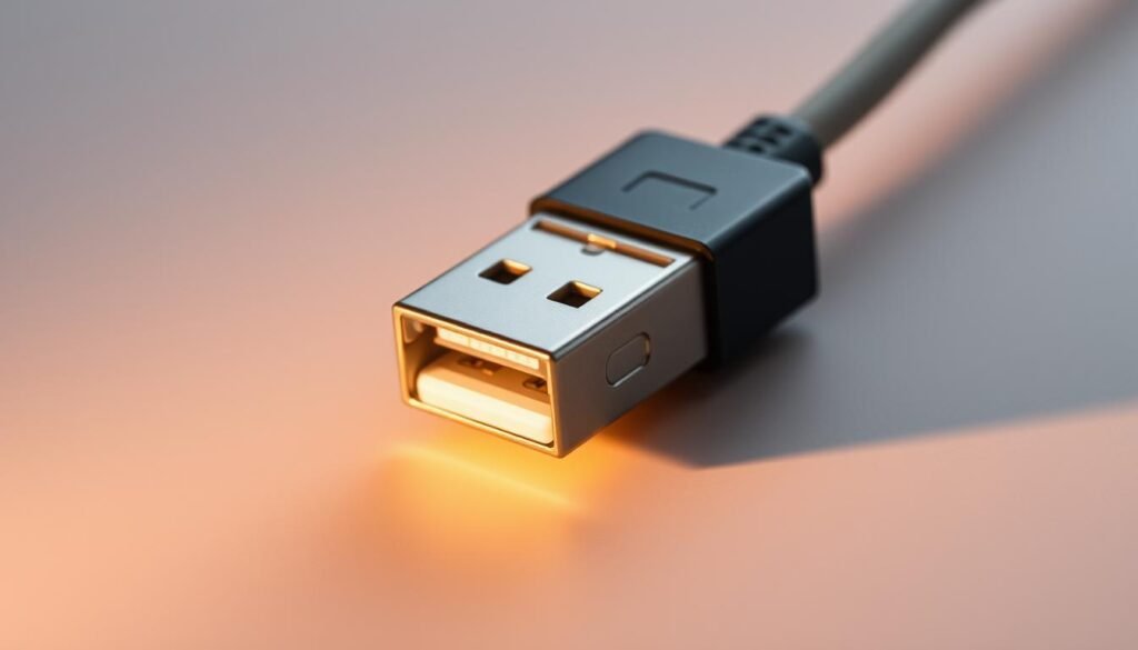 A sleek, metallic USB4 2.0 connector in close-up, showcasing its updated design and features. The connector is illuminated by a warm, indirect light, creating soft shadows and highlights that accentuate its streamlined form. The background is a clean, minimalist gray, allowing the USB4 2.0 to be the focal point. The image conveys a sense of technological advancement and the promise of faster data transfer speeds, reflecting the adoption and certification of this new USB standard. A sleek, metallic USB4 2.0 connector in close-up, showcasing its updated design and features. The connector is illuminated by a warm, indirect light, creating soft shadows and highlights that accentuate its streamlined form. The background is a clean, minimalist gray, allowing the USB4 2.0 to be the focal point. The image conveys a sense of technological advancement and the promise of faster data transfer speeds, reflecting the adoption and certification of this new USB standard.