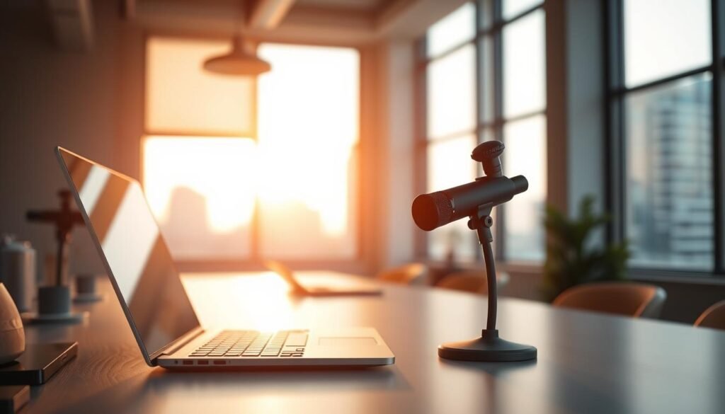 A tranquil office scene, bathed in warm, natural lighting from large windows. In the foreground, a sleek, modern laptop seamlessly integrates with a high-quality microphone and webcam, ready for real-time voice and video communication. The middle ground showcases a minimalist, yet functional desk setup, with clean lines and a neutral color palette, creating a professional, distraction-free environment. In the background, soft-focus, blurred cityscape views hint at the global connectivity enabled by the advanced audio technology. The overall atmosphere conveys a sense of efficiency, clarity, and effortless integration of cutting-edge audio capabilities into the everyday workflow. A tranquil office scene, bathed in warm, natural lighting from large windows. In the foreground, a sleek, modern laptop seamlessly integrates with a high-quality microphone and webcam, ready for real-time voice and video communication. The middle ground showcases a minimalist, yet functional desk setup, with clean lines and a neutral color palette, creating a professional, distraction-free environment. In the background, soft-focus, blurred cityscape views hint at the global connectivity enabled by the advanced audio technology. The overall atmosphere conveys a sense of efficiency, clarity, and effortless integration of cutting-edge audio capabilities into the everyday workflow.