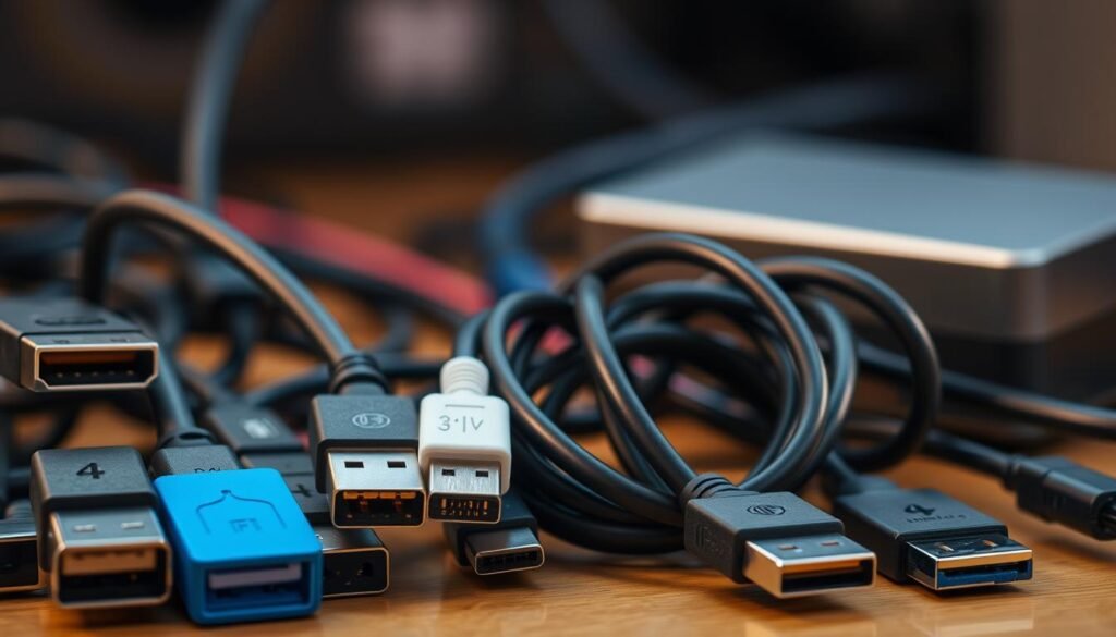 A vibrant, meticulously detailed ecosystem of USB-C ports, cables, and adapters. The foreground showcases an assortment of USB-C connectors in various sizes and shapes, illustrating the versatility of the standard. In the middle ground, a tangle of USB-C, USB 3.2, and USB 2.0 cables intertwine, representing the compatibility between the different USB protocols. In the background, a sleek Thunderbolt 3/4/5 hub stands out, symbolizing the integration of the high-speed Thunderbolt technology within the USB-C ecosystem. The scene is bathed in a warm, inviting light, creating a sense of technological harmony and progress. A vibrant, meticulously detailed ecosystem of USB-C ports, cables, and adapters. The foreground showcases an assortment of USB-C connectors in various sizes and shapes, illustrating the versatility of the standard. In the middle ground, a tangle of USB-C, USB 3.2, and USB 2.0 cables intertwine, representing the compatibility between the different USB protocols. In the background, a sleek Thunderbolt 3/4/5 hub stands out, symbolizing the integration of the high-speed Thunderbolt technology within the USB-C ecosystem. The scene is bathed in a warm, inviting light, creating a sense of technological harmony and progress.