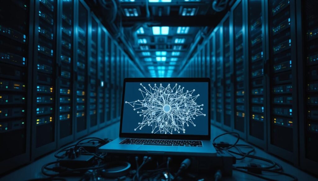 An interior computer server room, with rows of racks and blinking lights, casting a cool, blue-toned ambient light. In the foreground, a single laptop sits open, its screen displaying a complex neural network visualization. The laptop is surrounded by various circuit boards, wires, and other hardware components, conveying a sense of a hybrid on-device and cloud-based AI system. The overall scene has a slightly futuristic and technical atmosphere, with clean lines and minimalist design elements. An interior computer server room, with rows of racks and blinking lights, casting a cool, blue-toned ambient light. In the foreground, a single laptop sits open, its screen displaying a complex neural network visualization. The laptop is surrounded by various circuit boards, wires, and other hardware components, conveying a sense of a hybrid on-device and cloud-based AI system. The overall scene has a slightly futuristic and technical atmosphere, with clean lines and minimalist design elements.