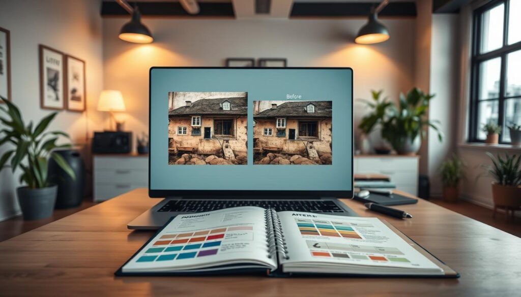 A sleek and modern digital workspace showcasing the process of enhancing old photos using Topaz software. In the foreground, a high-resolution screen displays a vibrant before-and-after image comparison of an aged photograph transformed into crystal-clear HD quality. The middle ground features a laptop and an open notebook with color swatches and notes on photo enhancement techniques. The background offers a stylish office environment, filled with soft, warm lighting that creates a professional yet inviting atmosphere. A few houseplants add a touch of greenery, while the overall mood is focused and inspiring, encouraging creativity and learning about photo resolution enhancement.