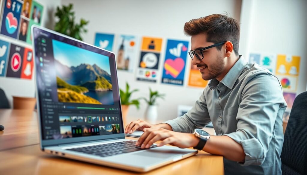 A vibrant, bustling workspace that emphasizes social media photo optimization. In the foreground, a modern laptop is open, displaying a high-resolution image of a picturesque landscape undergoing enhancement, with visible software tools and sliders. To the right, an individual dressed in smart casual attire is focused on the screen, adjusting settings with a look of concentration and satisfaction. In the middle ground, bright colorful posters of social media platforms line the walls, while a small plant adds a touch of greenery. The background features soft, diffused lighting that creates a warm and inviting atmosphere, suggesting creativity and professionalism. The angle is slightly elevated, showcasing the workspace's organized chaos, inspiring productivity and innovation.