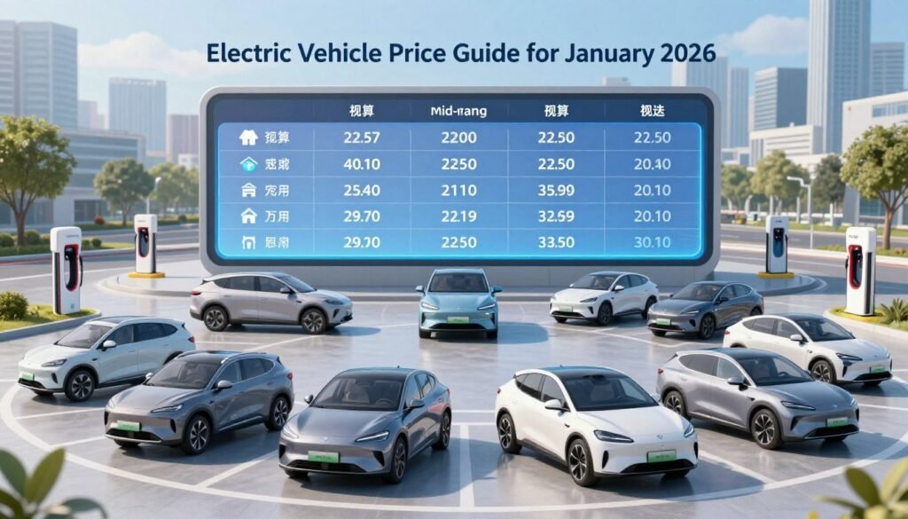 A detailed infographic-style image illustrating the "Electric Vehicle Price Guide for January 2026." In the foreground, showcase a diverse selection of electric cars, ranging from affordable models to premium luxury vehicles, each displayed prominently. In the middle ground, include a digital display board listing prices in an organized format, with visual elements representing price categories—such as icons for budget, mid-range, and premium. In the background, depict an urban skyline with charging stations positioned strategically, emphasizing an efficient and accessible EV charging network. Use bright, modern lighting to convey optimism and advancement in electric vehicle technology, and capture the scene from a slightly elevated angle to give a comprehensive view. The overall mood should be informative and forward-thinking. A detailed infographic-style image illustrating the "Electric Vehicle Price Guide for January 2026." In the foreground, showcase a diverse selection of electric cars, ranging from affordable models to premium luxury vehicles, each displayed prominently. In the middle ground, include a digital display board listing prices in an organized format, with visual elements representing price categories—such as icons for budget, mid-range, and premium. In the background, depict an urban skyline with charging stations positioned strategically, emphasizing an efficient and accessible EV charging network. Use bright, modern lighting to convey optimism and advancement in electric vehicle technology, and capture the scene from a slightly elevated angle to give a comprehensive view. The overall mood should be informative and forward-thinking.