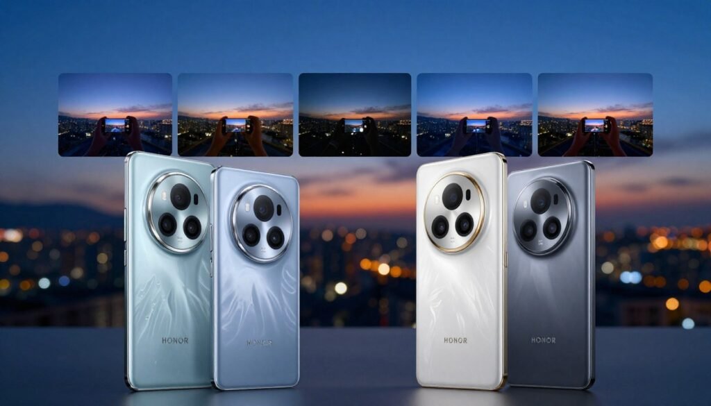 A dynamic comparison of flagship smartphone cameras with a focus on the Honor Magic 6 Pro. In the foreground, two sleek smartphones are showcased, angled slightly towards each other, highlighting their camera designs. The middle ground features a series of stunning low-light photography samples taken with both devices, exhibiting vibrant colors and sharp details. The background includes a softly blurred cityscape at dusk, illuminating the night sky with twinkling lights to enhance the low-light theme. The atmosphere is modern and tech-savvy, with gentle lighting that casts soft shadows, emphasizing the camera lenses. Capture this scene with a shallow depth of field to draw attention to the smartphones and their photographic capabilities. A dynamic comparison of flagship smartphone cameras with a focus on the Honor Magic 6 Pro. In the foreground, two sleek smartphones are showcased, angled slightly towards each other, highlighting their camera designs. The middle ground features a series of stunning low-light photography samples taken with both devices, exhibiting vibrant colors and sharp details. The background includes a softly blurred cityscape at dusk, illuminating the night sky with twinkling lights to enhance the low-light theme. The atmosphere is modern and tech-savvy, with gentle lighting that casts soft shadows, emphasizing the camera lenses. Capture this scene with a shallow depth of field to draw attention to the smartphones and their photographic capabilities.