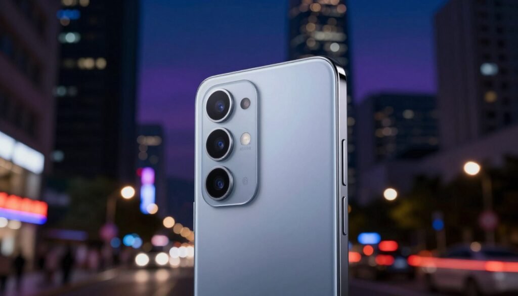 A sleek, modern smartphone with advanced low-light camera specifications prominently displayed in the foreground, emphasizing its elegant design with a glimmering, reflective surface. The camera lens features a dynamic aperture, hinting at its ability to capture stunning images in dim lighting conditions. In the middle ground, a soft-focus urban environment at night showcases a lively city street illuminated by ambient neon lights, creating a lively but serene atmosphere. The background features softly blurred silhouettes of skyscrapers under a night sky rich with deep blues and purples, enhancing the low-light theme. The overall mood is sophisticated and technologically advanced, reflecting innovation and high performance in photography. The composition should focus on the smartphone and its capabilities without any text or overlays, capturing the essence of low-light photography. A sleek, modern smartphone with advanced low-light camera specifications prominently displayed in the foreground, emphasizing its elegant design with a glimmering, reflective surface. The camera lens features a dynamic aperture, hinting at its ability to capture stunning images in dim lighting conditions. In the middle ground, a soft-focus urban environment at night showcases a lively city street illuminated by ambient neon lights, creating a lively but serene atmosphere. The background features softly blurred silhouettes of skyscrapers under a night sky rich with deep blues and purples, enhancing the low-light theme. The overall mood is sophisticated and technologically advanced, reflecting innovation and high performance in photography. The composition should focus on the smartphone and its capabilities without any text or overlays, capturing the essence of low-light photography.